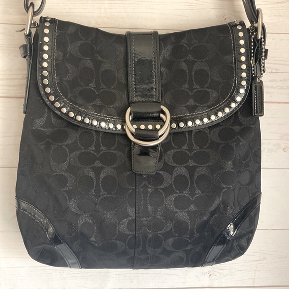 Coach F12852 Black Metallic Canvas  & Leather Jacquard Studded messenger bag - Picture 3 of 13
